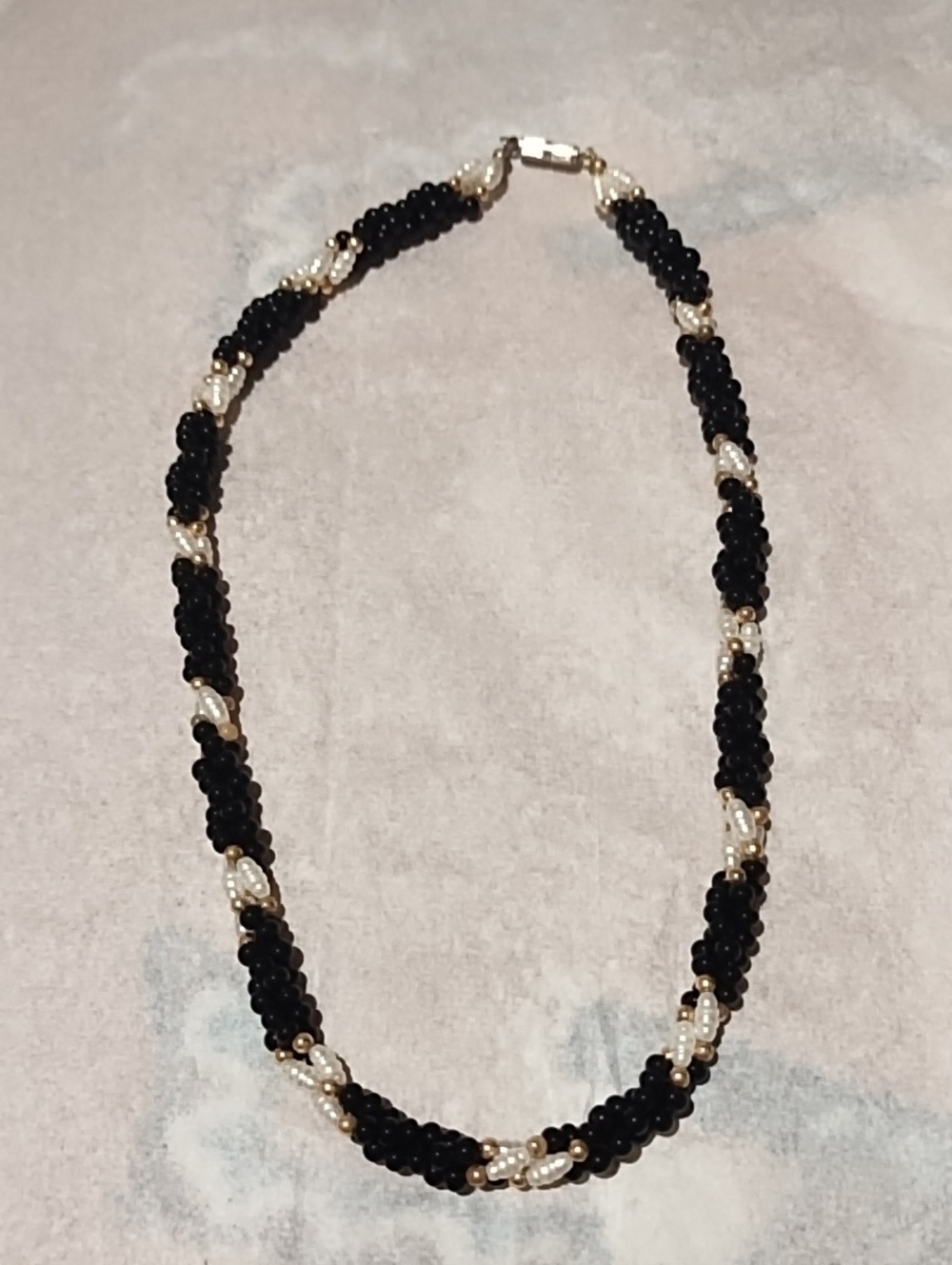 Handcrafted Black and Pearl Beaded Necklace EUC.